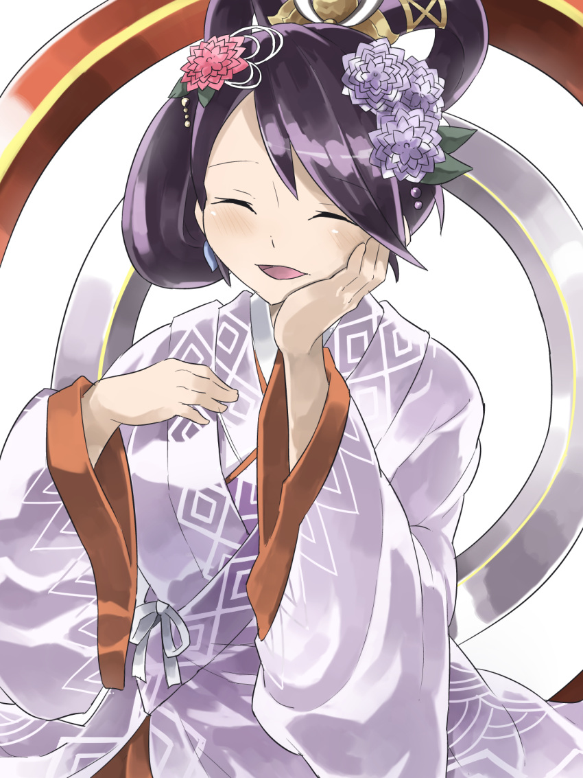 1girl, beads, commentary_request, eyebrows_visible_through_hair, facing_viewer, hair_ornament, hand_on_own_cheek, hand_on_own_chest