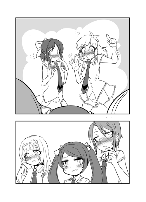 2koma, 5girls, andou_kuriyo, bangs, blunt_bangs, blush, bow, comic