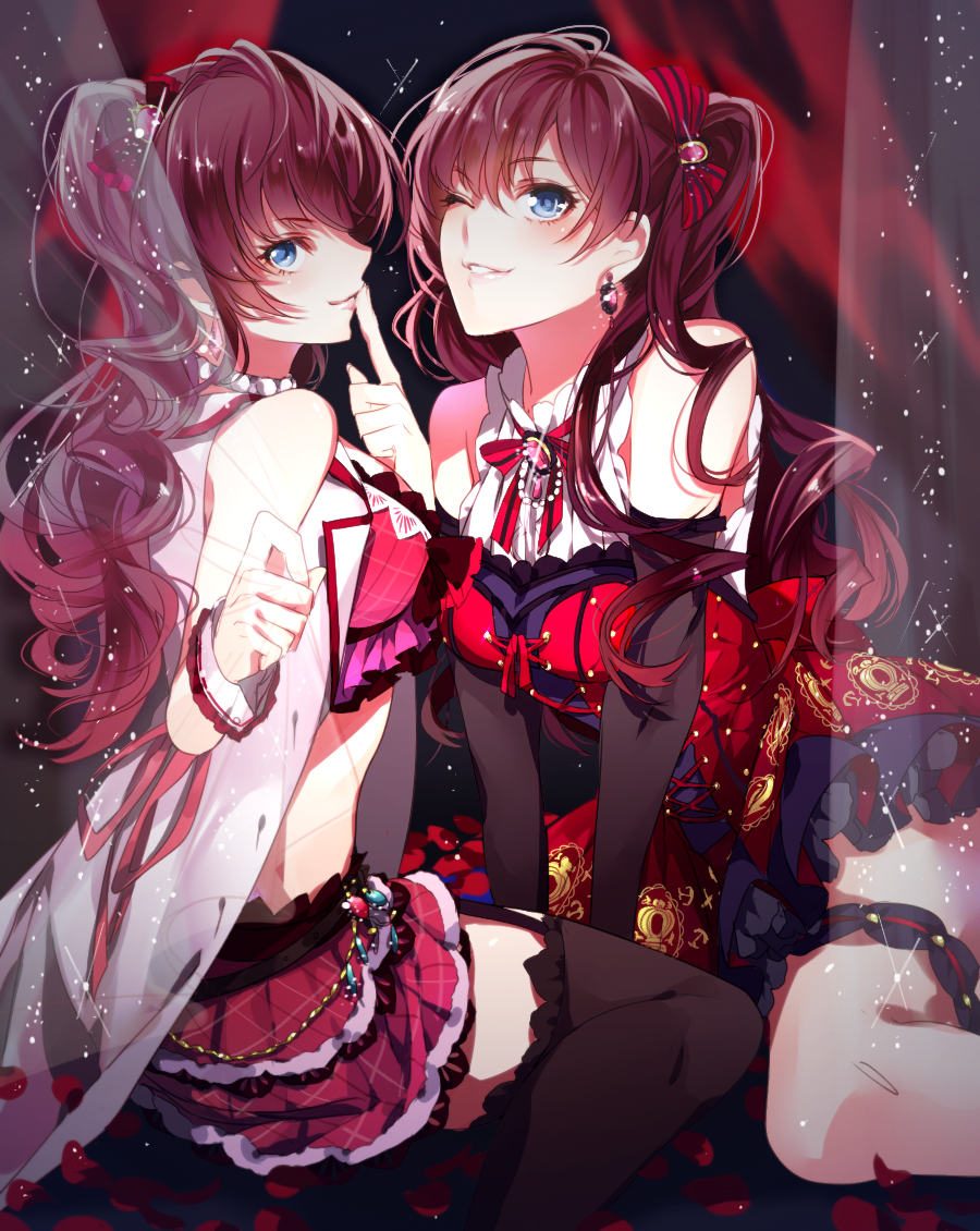 2girls, black_legwear, blue_eyes, breasts, brown_hair, dual_persona, earrings, elbow_gloves, finger_to_mouth, garter_straps, gloves, hair_ribbon, hanbee_(higawari_k), ichinose_shiki, idolmaster, idolmaster_cinderella_girls, jewelry, large_breasts, long_hair, looking_at_viewer, midriff, multiple_girls, one_eye_closed, petals, ribbon, sitting, skirt, thigh-highs, thigh_strap, twintails, wariza, wavy_hair, wrist_cuffs