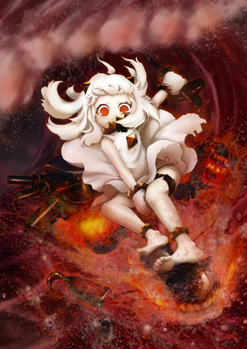 1girl, ahoge, aircraft, airplane, barefoot, black_panties, black_rice, brown_eyes, commentary_request, dress, enemy_aircraft_(kantai_collection), feet, highres, holding, horns, kantai_collection, long_hair, looking_at_viewer, machinery, mittens, northern_ocean_hime, ocean, panties, shinkaisei-kan, side-tie_panties, soles, surfing, turret, underwear, waves, white_dress, white_hair, white_skin