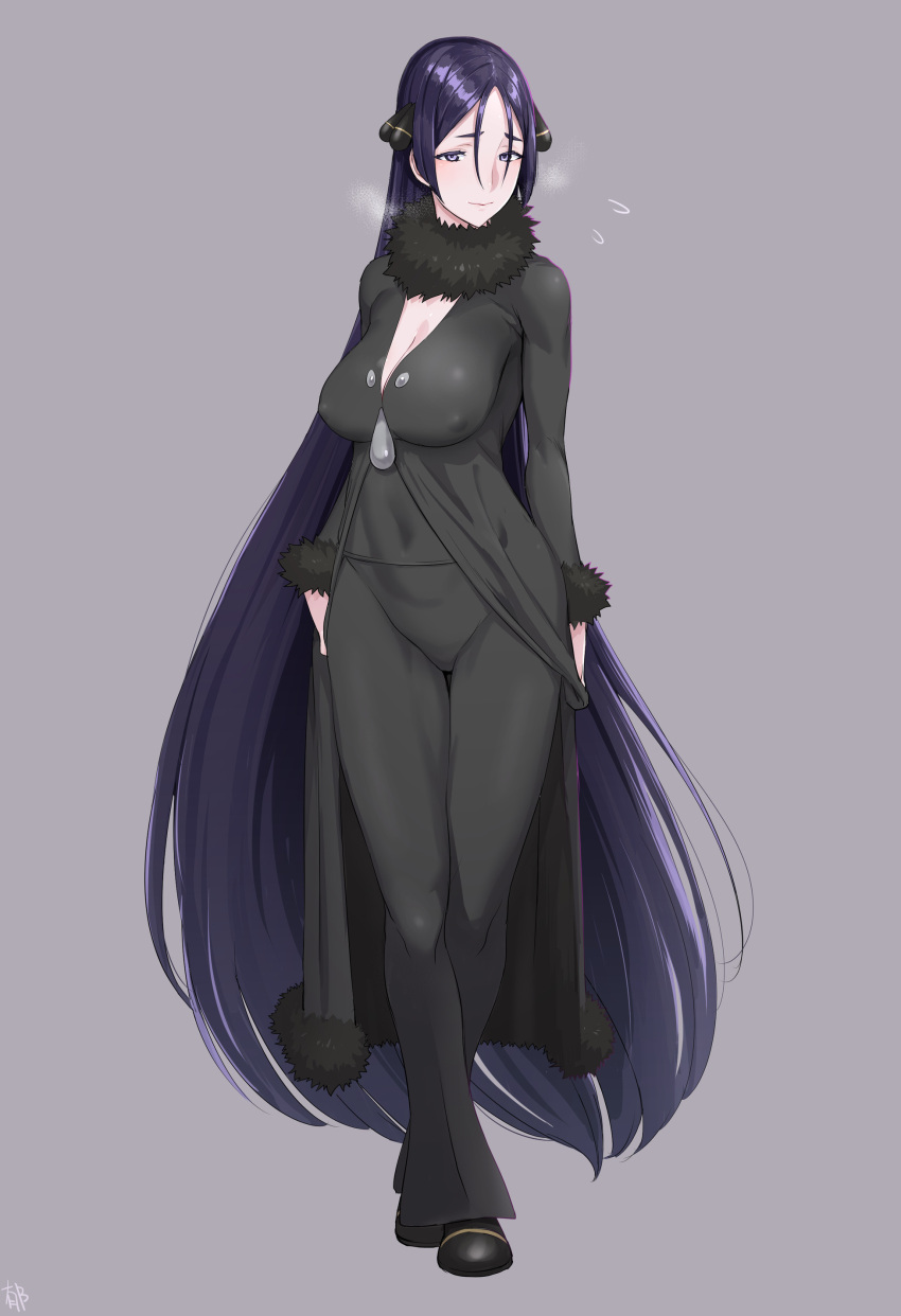 1girl, absurdres, arms_at_sides, black_clothes, black_pants, black_shoes, blush, breasts, cleavage, closed_mouth, colored_eyelashes, cosplay, covered_navel, erect_nipples, fate/grand_order, fate_(series), flying_sweatdrops, full_body, fur-trimmed_sleeves, fur_collar, fur_trim, grey_background, hair_between_eyes, hair_ornament, highres, large_breasts, legs_crossed, long_hair, long_sleeves, looking_at_viewer, minamoto_no_raikou_(fate/grand_order), pants, pokemon, pokemon_(game), purple_hair, raised_eyebrows, shiroinuchikusyo, shirona_(pokemon), shirona_(pokemon)_(cosplay), shoes, signature, simple_background, smile, solo, standing, straight_hair, thigh_gap, turtleneck, very_long_hair, violet_eyes, watson_cross