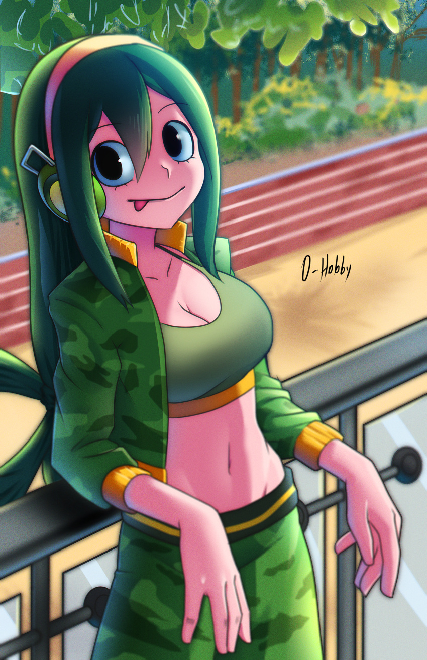 1girl, :p, absurdres, against_railing, alternate_costume, asui_tsuyu, black_eyes, boku_no_hero_academia
