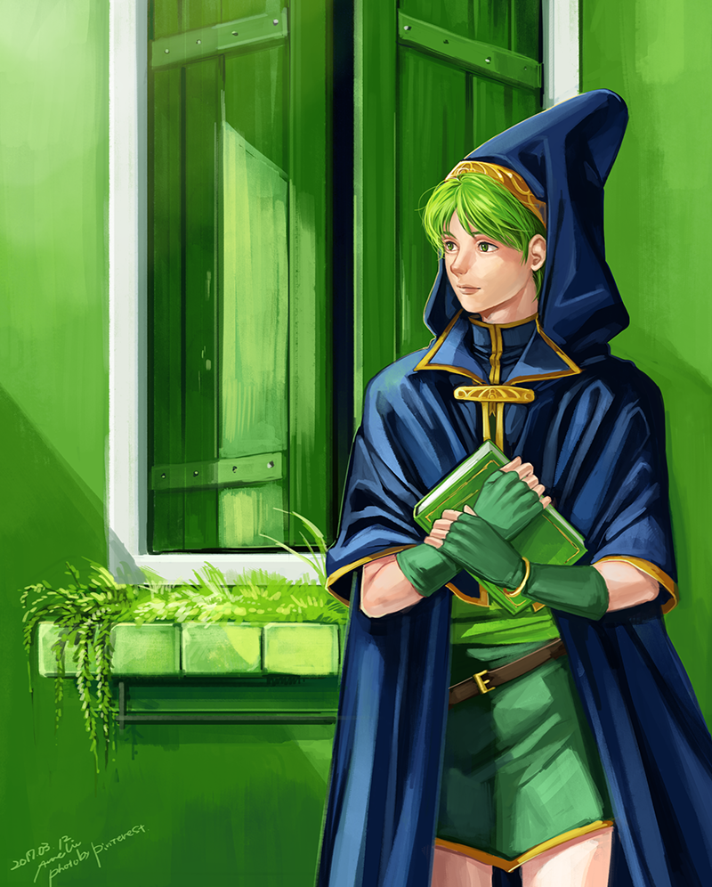1boy, annelie, artist_name, belt, book, capelet, fingerless_gloves, fire_emblem, fire_emblem:_mystery_of_the_emblem, gloves, grass, green_eyes, green_hair, hood, male_focus, marich, solo, upper_body, window