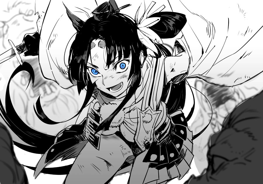 1girl, armor, black_hair, blue_eyes, breasts, dashi_(minzoku_gb), detached_sleeves, fate/grand_order