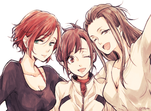 3girls, ;d, breasts, brown_eyes, brown_hair, cleavage, girl_sandwich, green_eyes