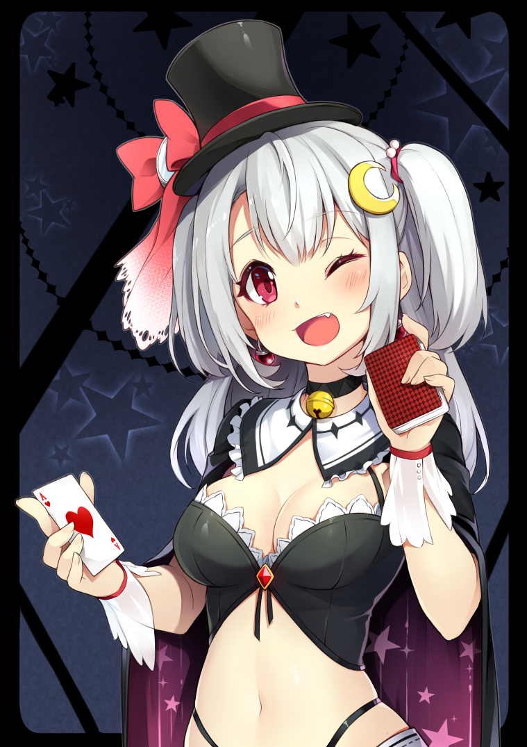 1girl, 3.14, ;d, bangs, bell, bell_collar, black_panties, blush, breasts, capelet, card, collar, corset, crescent, crescent_hair_ornament, eyebrows_visible_through_hair, fang, grey_hair, hair_ornament, hat, hearts_(playing_card), highleg, highleg_panties, holding, holding_card, jingle_bell, long_hair, looking_at_viewer, medium_breasts, navel, one_eye_closed, open_mouth, original, panties, playing_card, sidelocks, smile, solo, star, tareme, top_hat, two_side_up, underwear, upper_body, violet_eyes
