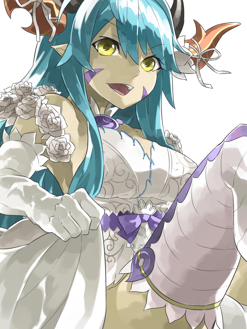 1girl, :d, aqua_hair, armpits, bangs, bare_shoulders, bow, breasts