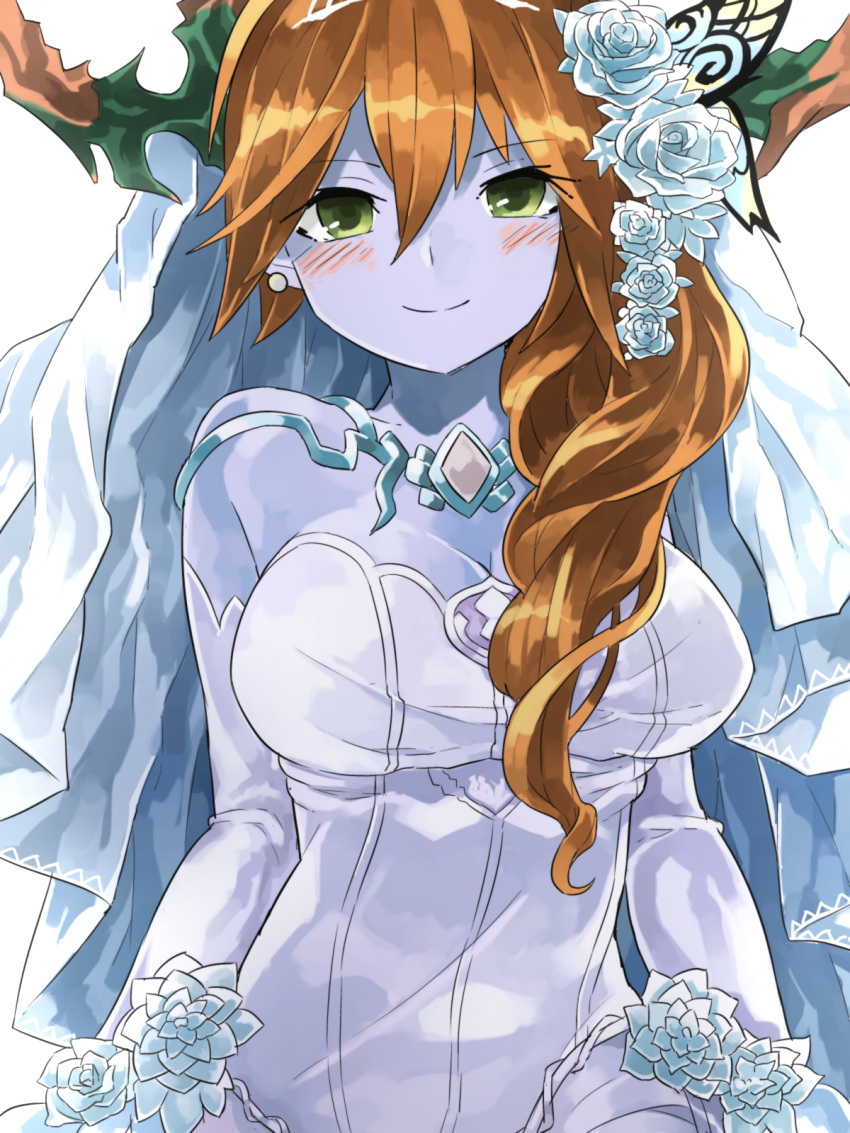 1girl, bangs, blue_skin, blush, breasts, cleavage, closed_mouth, collarbone, commentary_request, demon_girl, demon_horns, dress, earrings, elbow_gloves, eyebrows_visible_through_hair, eyelashes, eyes_visible_through_hair, flower, gem, gloves, green_eyes, hair_between_eyes, hair_flower, hair_ornament, hair_over_shoulder, hera_(p&amp;d), highres, horns, jewelry, large_breasts, long_hair, looking_at_viewer, mosamune, orange_hair, parted_bangs, puzzle_&amp;_dragons, rose, simple_background, smile, solo, strapless, strapless_dress, upper_body, veil, wavy_hair, white_background, white_dress, white_flower, white_gloves, white_rose