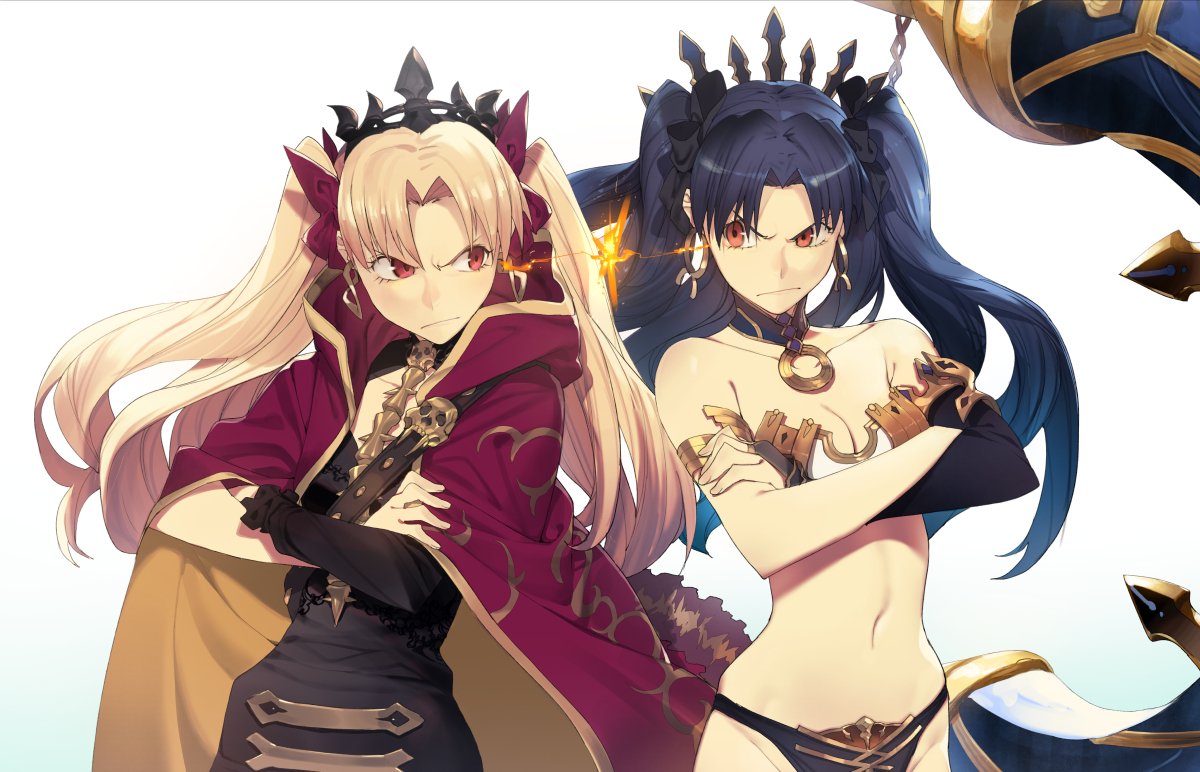 >:/, 2girls, :/, a'j, angry, arm, armlet, asymmetrical_gloves
