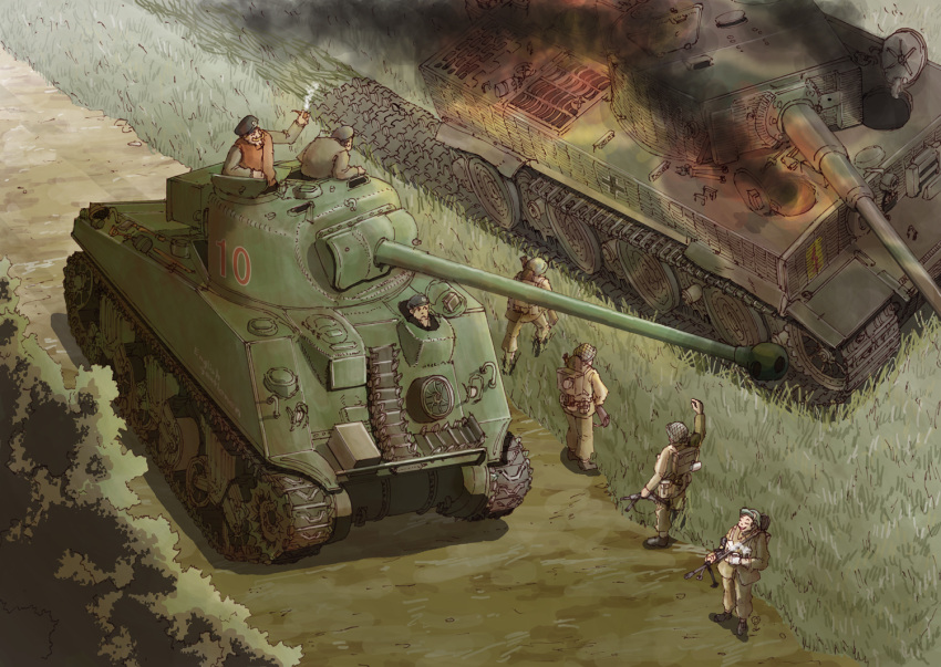 6+boys, earasensha, grass, ground_vehicle, gun, m4_sherman, machine_gun, military