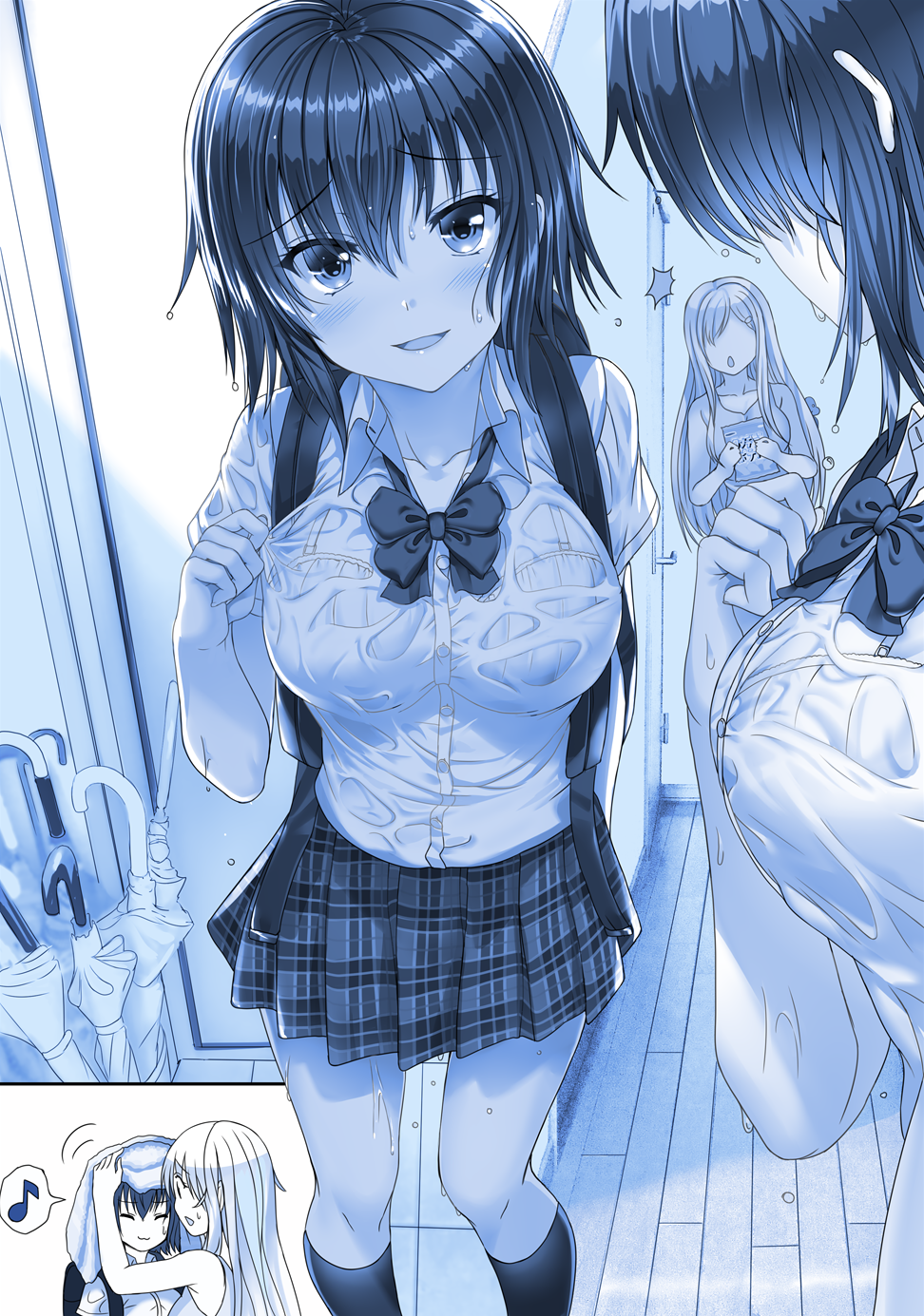 2girls, :3, aldehyde, backpack, bag, blue, bow, bowtie, bra, breasts, commentary_request, drying_hair, eyebrows_visible_through_hair, getsuyoubi_no_tawawa, hair_between_eyes, highres, indoors, large_breasts, long_hair, monochrome, multiple_girls, musical_note, neeko, neeko's_sister, original, parody, plaid, plaid_skirt, pleated_skirt, school_uniform, see-through, shirt, short_hair, siblings, sidelocks, sisters, skirt, smile, socks, spoken_musical_note, style_parody, tank_top, towel, umbrella, underwear, wet, wet_clothes, wet_shirt