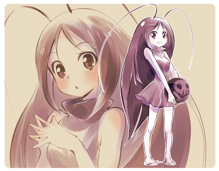 1girl, antennae, barefoot, black_dress, black_eyes, black_hair, dress, gokicha