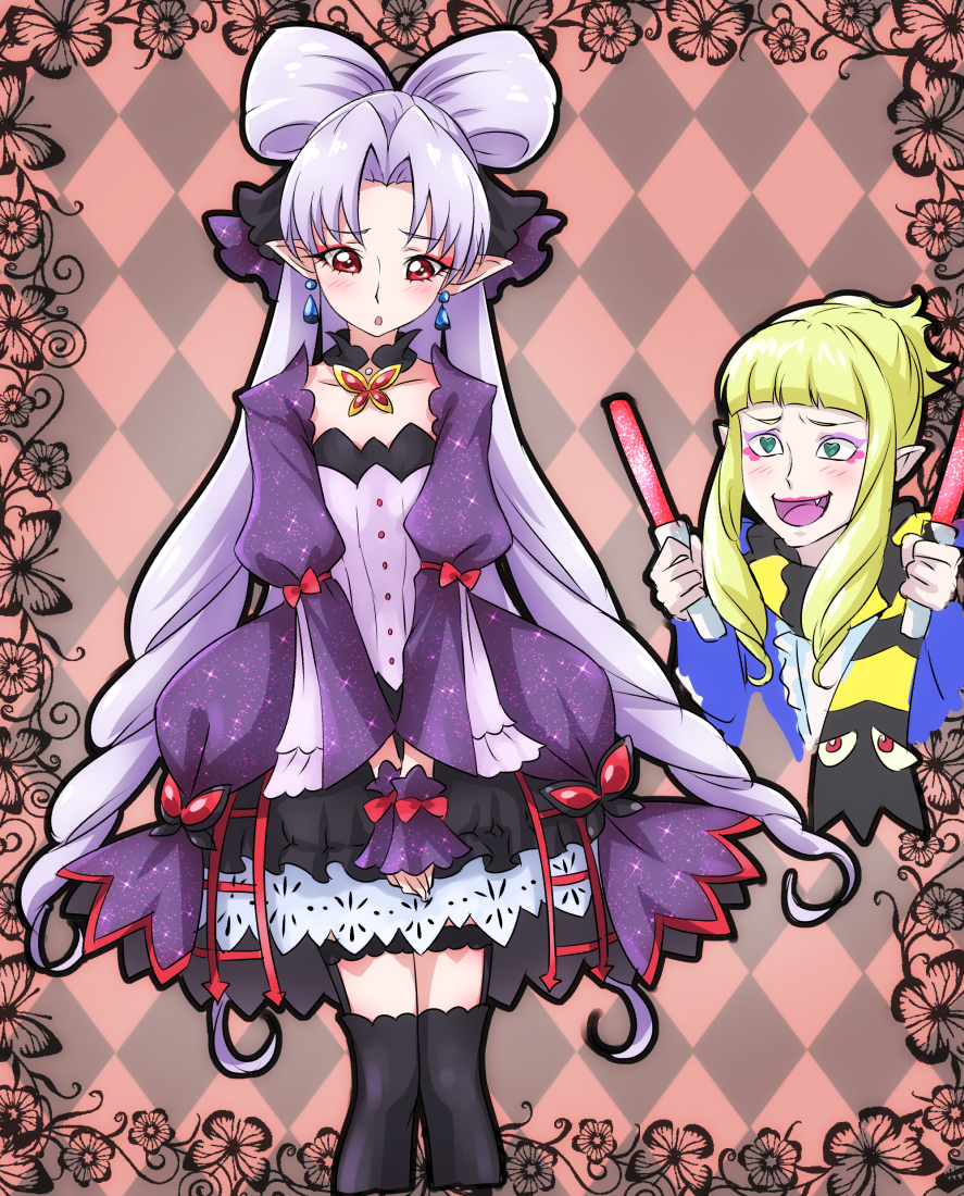 1boy, 1girl, akagi_towa, albino, alternate_costume, argyle, argyle_background, bangs