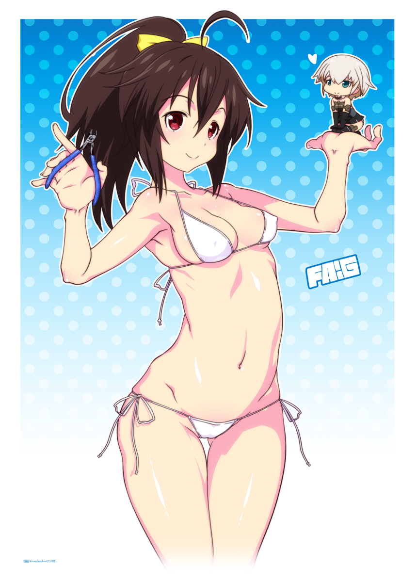 2girls, bikini, black_hair, breasts, frame_arms_girl, gennai_ao, gluteal_fold, gourai, gradient, gradient_background, highres, long_hair, micro_bikini, minigirl, mudou_eichi, multiple_girls, pliers, polka_dot, polka_dot_background, red_eyes, side-tie_bikini, small_breasts, swimsuit, thigh_gap, white_bikini