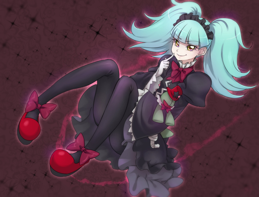 1girl, aqua_hair, bangs, biburi_(precure), black_hairband, black_legwear, black_shirt, black_skirt