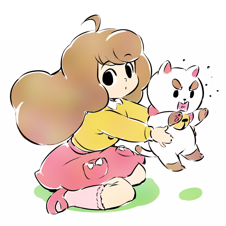 1girl, angry, bee_(bee_and_puppycat), bee_and_puppycat, bell, black_eyes, brown_hair, cat, iesupa, jingle_bell, puppycat
