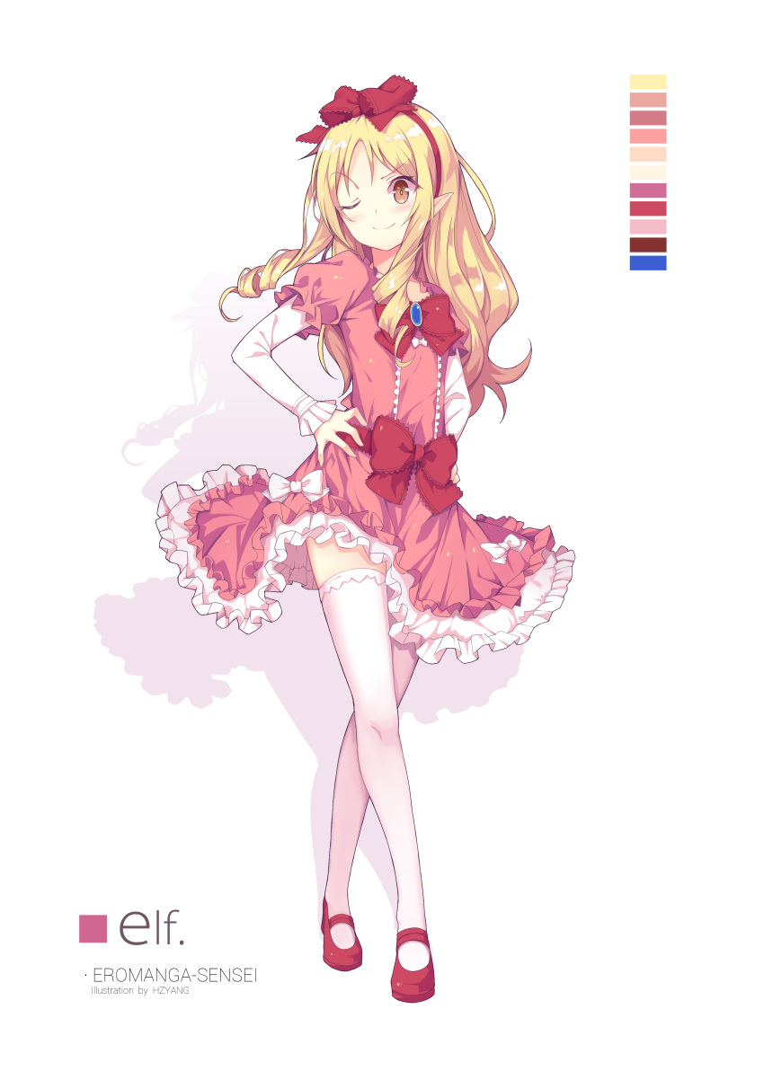 1girl, ;), absurdres, artist_name, blonde_hair, bow, brown_eyes, character_name