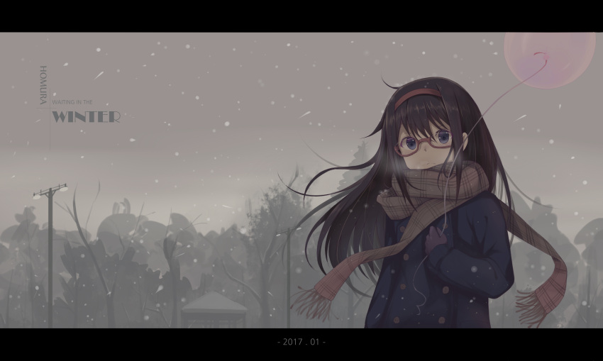 1girl, absurdres, akemi_homura, balloon, black_hair, breath, character_name, coat