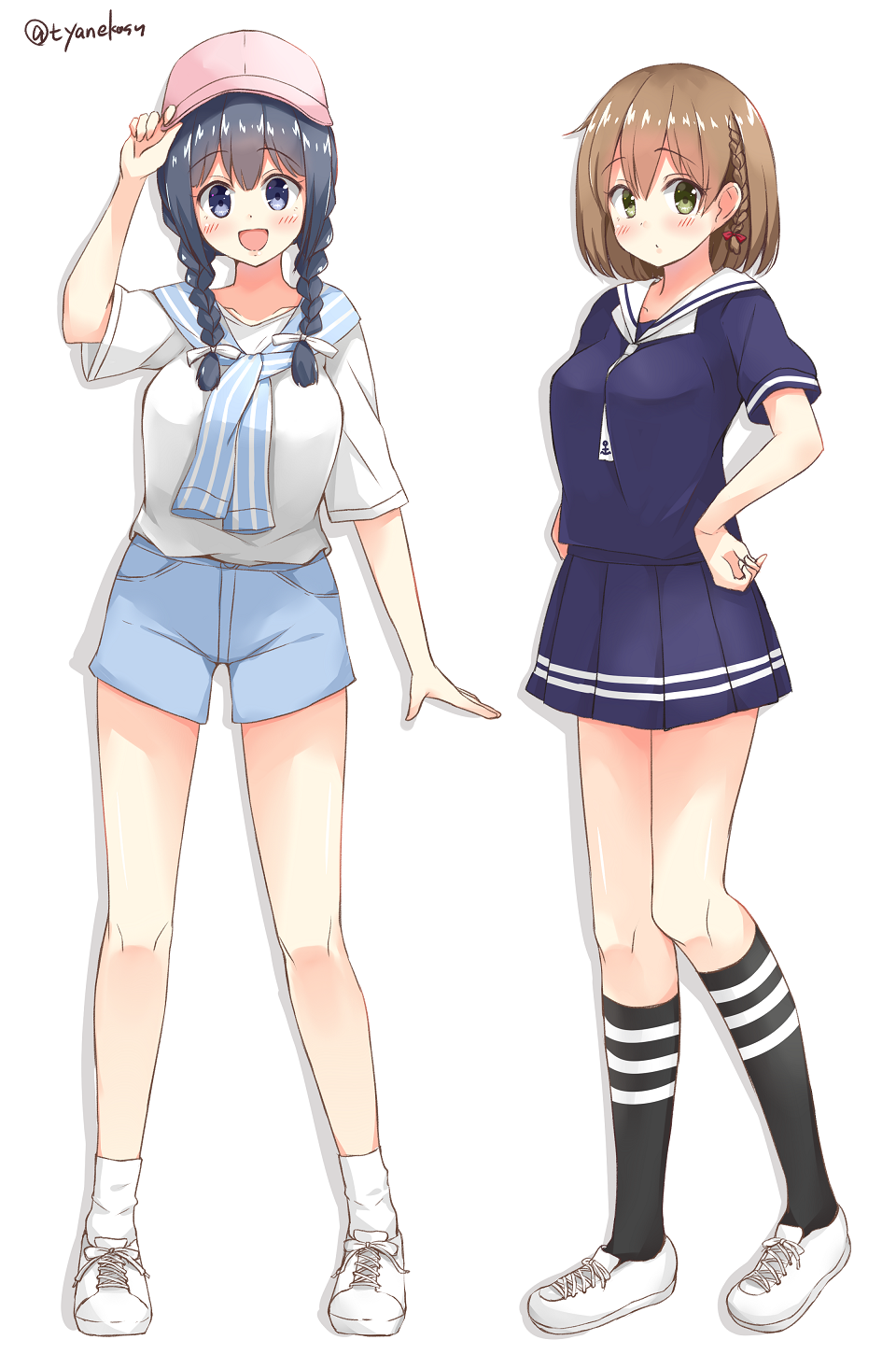2girls, adjusting_clothes, adjusting_hat, alternate_costume, alternate_hairstyle, arm_at_side, arm_up, bangs, baseball_cap, between_breasts, black_legwear, blue_shirt, blue_shorts, blue_skirt, blunt_bangs, braid, breasts, brown_eyes, casual, chaa_(korone-ze), eyebrows_visible_through_hair, full_body, green_eyes, hair_ribbon, hands_on_hips, hat, highres, hiryuu_(kantai_collection), kantai_collection, kneehighs, legs_apart, looking_at_viewer, medium_breasts, multiple_girls, neckerchief, pink_hat, pleated_skirt, red_ribbon, ribbon, school_uniform, serafuku, shirt, shoes, shorts, side_braid, simple_background, skirt, socks, souryuu_(kantai_collection), standing, tareme, twin_braids, twitter_username, white_background, white_legwear, white_neckerchief, white_ribbon, white_shirt, white_shoes