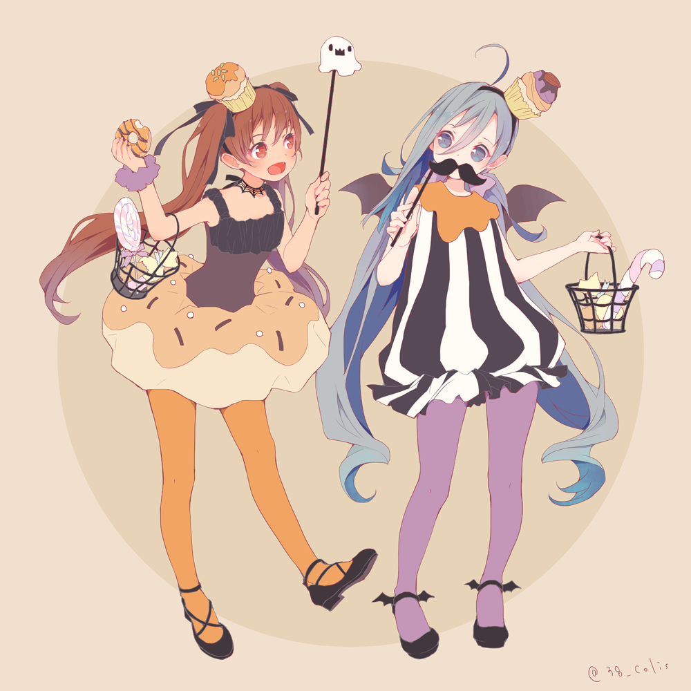 2girls, :d, ahoge, ankle_wings, basket, bat_wings, black_shoes, blue_hair
