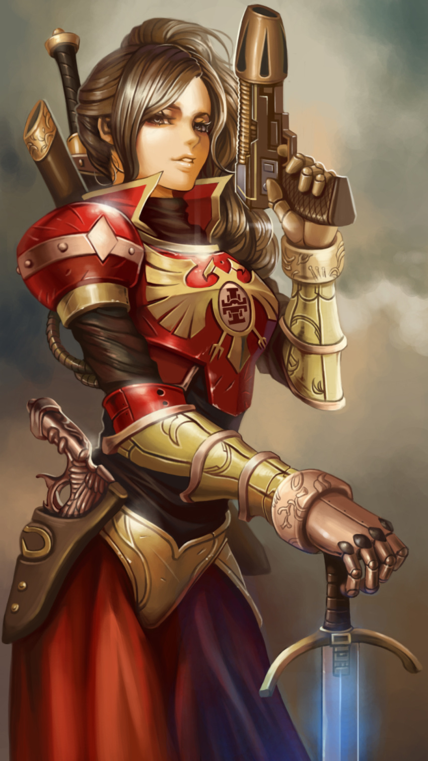 1girl, aquila_(symbol), armor, armored_dress, brown_eyes, brown_hair, dantewontdie, gauntlets