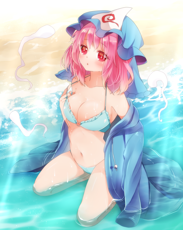 1girl, :o, alternate_costume, armpits, beach, bikini, blue_bikini, blush