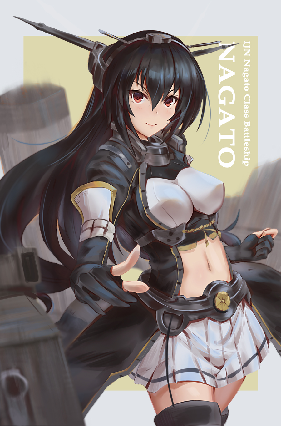1girl, alternate_costume, black_gloves, black_hair, breasts, cannon, character_name, chiwa_(tsugumisky), closed_mouth, collar, fingerless_gloves, focused, gloves, hair_between_eyes, headgear, highres, kantai_collection, long_hair, long_sleeves, looking_at_viewer, machinery, medium_breasts, metal_belt, nagato_(kantai_collection), pleated_skirt, red_eyes, remodel_(kantai_collection), revision, rigging, skirt, smile, smokestack, solo, thigh-highs, turret, white_skirt