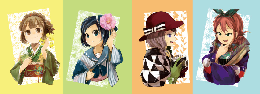 4girls, asa_no_ha_(pattern), blue_hair, brown_hair, camera, flower, gloves, green_eyes, green_kimono, hair_flower, hair_ornament, hat, inazuma_eleven_(series), inazuma_eleven_go, inazuma_eleven_go_chrono_stone, itsumi_haruki, japanese_clothes, kimono, long_hair, multiple_girls, nanobana_kinako, open_mouth, seigaiha, seto_midori, short_hair, sorano_aoi, upper_body, violet_eyes, yamana_akane