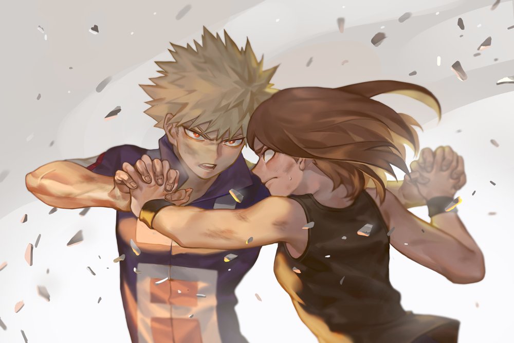 1boy, 1girl, bakugou_katsuki, bare_shoulders, battle, boku_no_hero_academia, breasts, brown_hair, closed_mouth, debris, frown, hand_holding, interlocked_fingers, jacket, looking_at_another, open_mouth, red_eyes, rke, short_sleeves, spiky_hair, tank_top, track_jacket, upper_body, uraraka_ochako, wristband