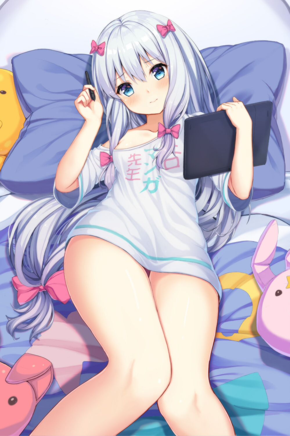 1girl, bangs, bare_legs, blue_eyes, blush, bow, breasts, eromanga_sensei