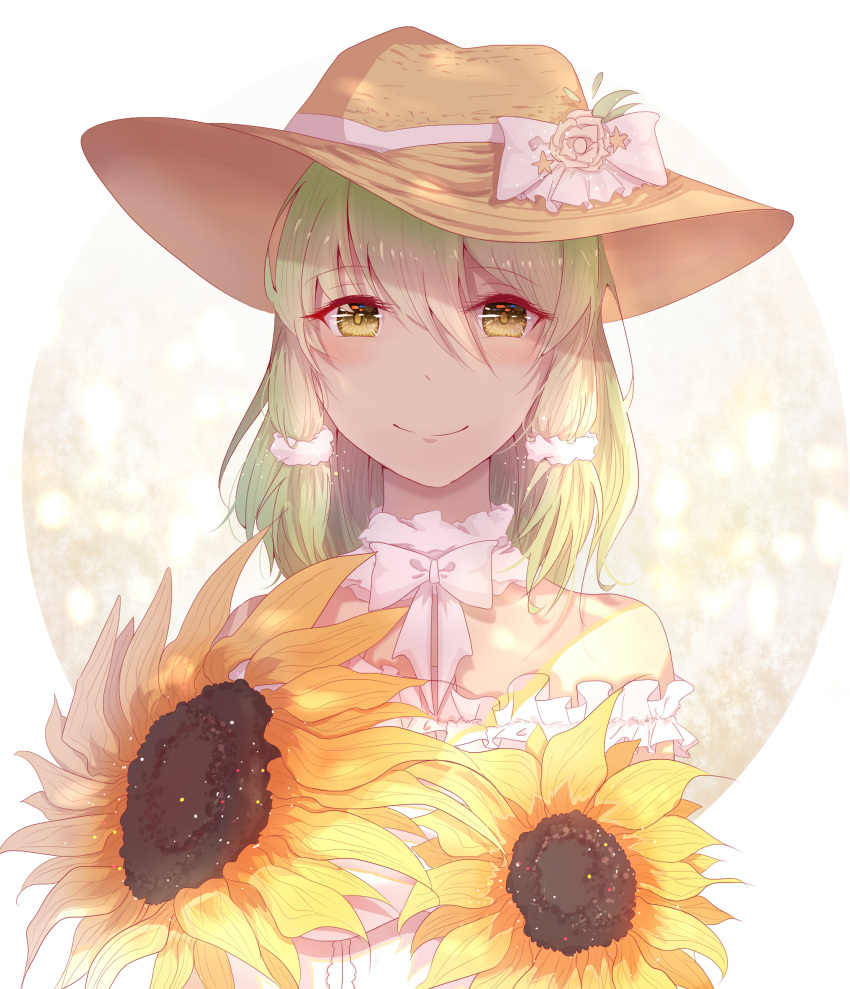 1girl, bare_shoulders, dress, flower, flower_ornament, green_hair, hair_ornament, hat
