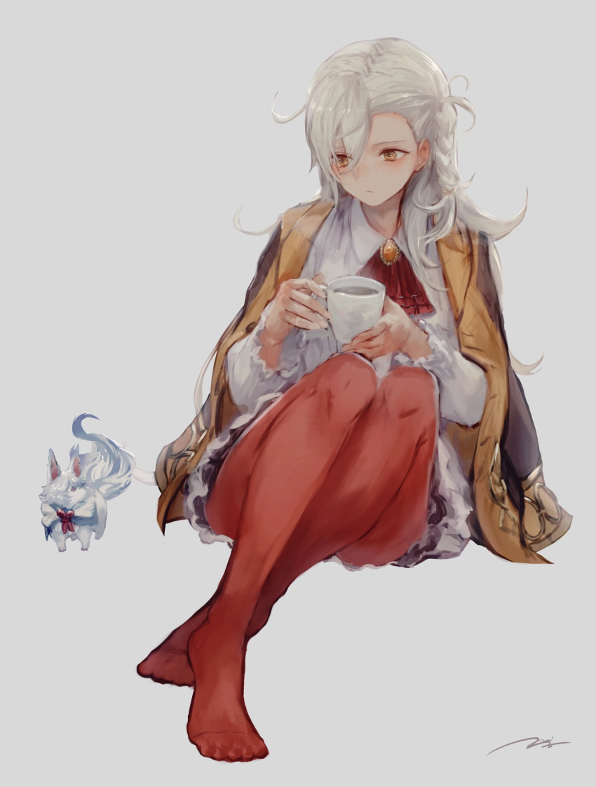 1girl, blush, coffee_mug, fate/grand_order, fate_(series), fou_(fate/grand_order), grey_background, highres