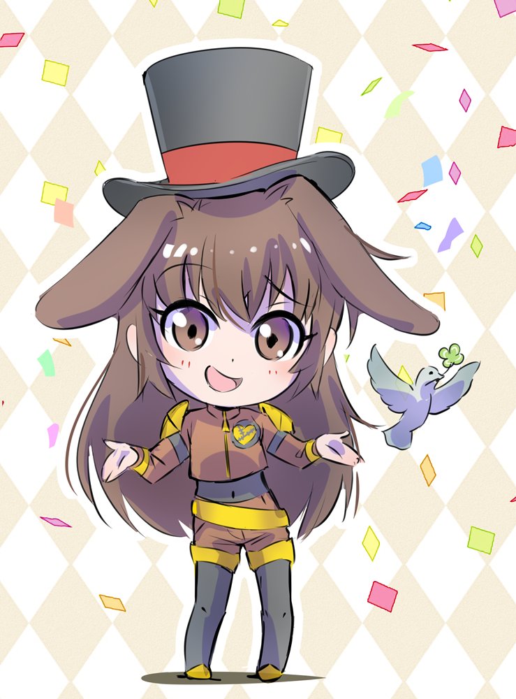 1girl, animal_ears, bird, brown_eyes, brown_hair, chibi, clover, dove