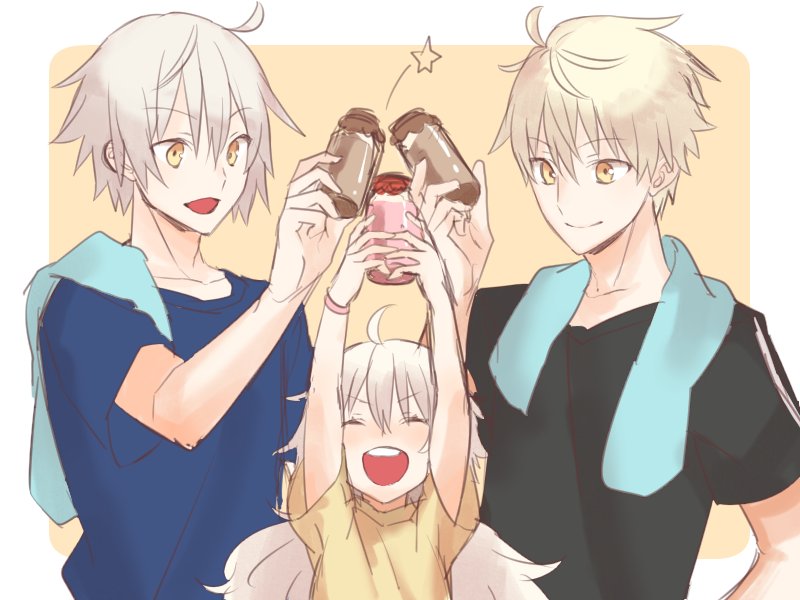 1girl, 2boys, ahoge, blonde_hair, casual, child, closed_eyes, closed_mouth