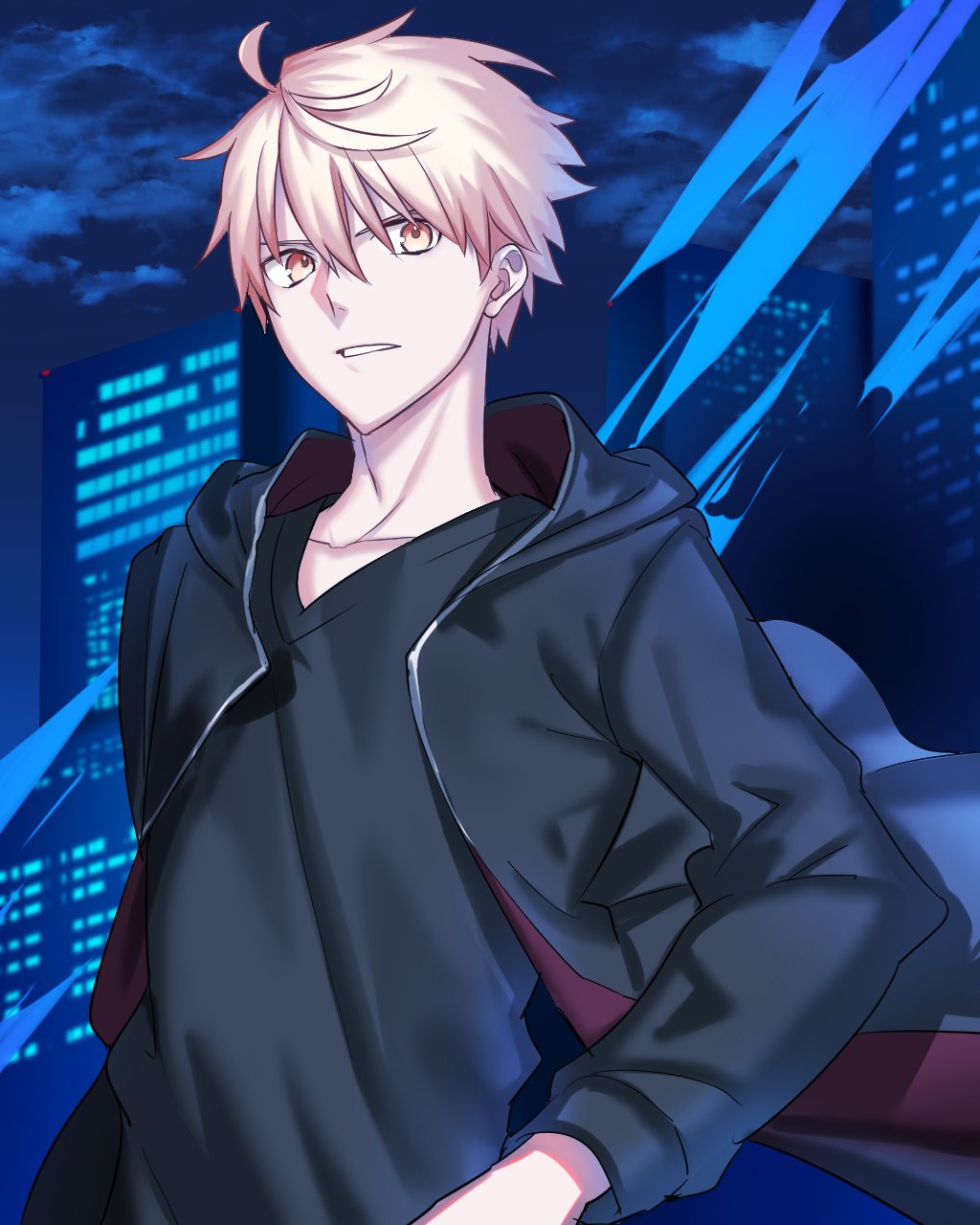 1boy, ahoge, blonde_hair, building, clouds, fate/grand_order, fate/prototype, fate/stay_night, fate_(series), genderswap, genderswap_(ftm), highres, hood, hoodie, looking_at_viewer, male_focus, night, official_style, parted_lips, pentarou_(2233456), saber, saber_(fate/prototype), saber_alter, short_hair, skyscraper, solo, takeuchi_takashi_(style), upper_body, yellow_eyes