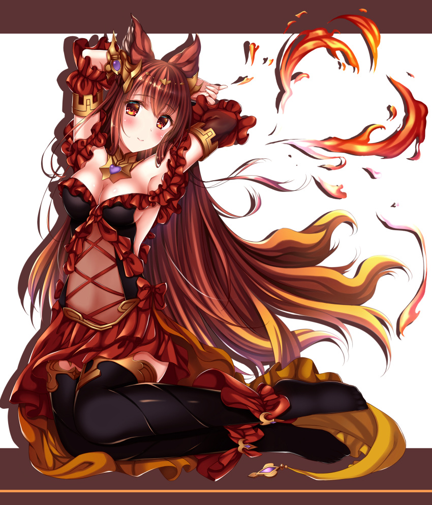 1girl, absurdres, animal_ears, anthuria, arms_behind_head, black_legwear, blush, breasts
