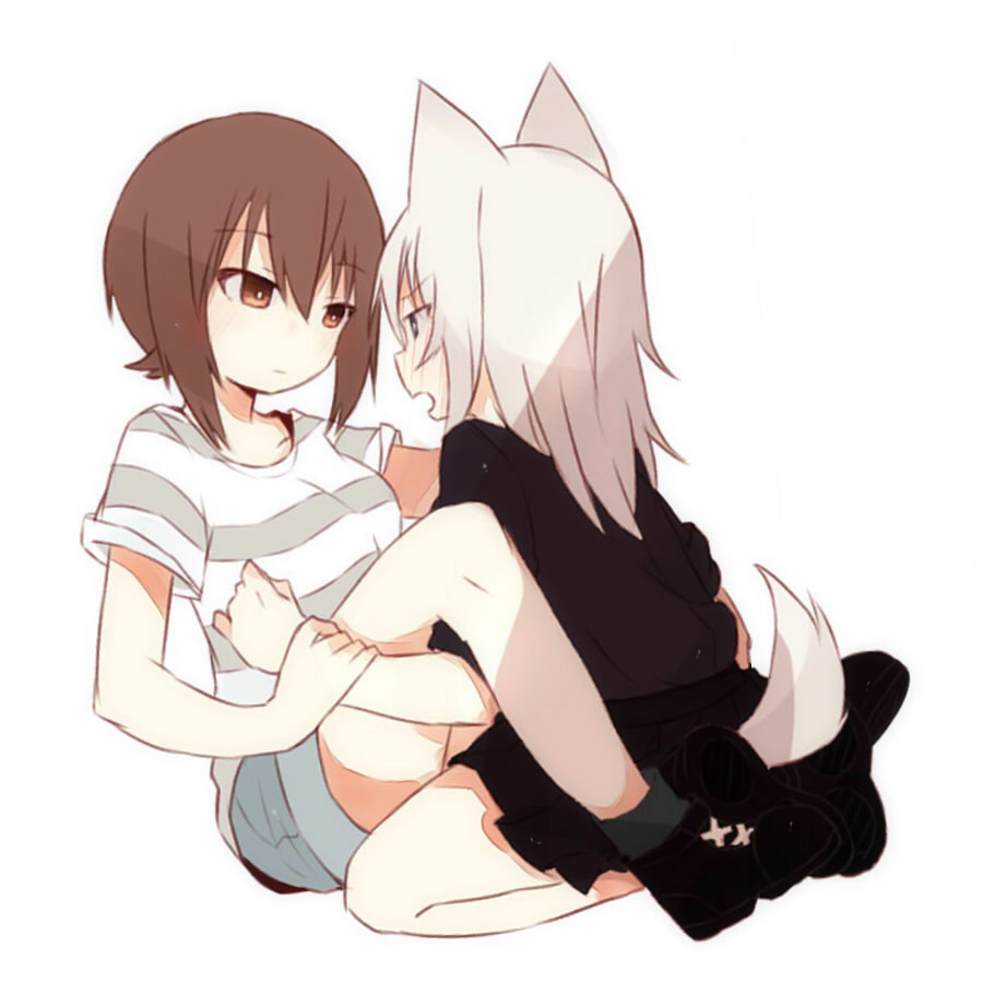 2girls, animal_ears, arm_grab, bangs, black_skirt, blue_eyes, blue_shorts, blush