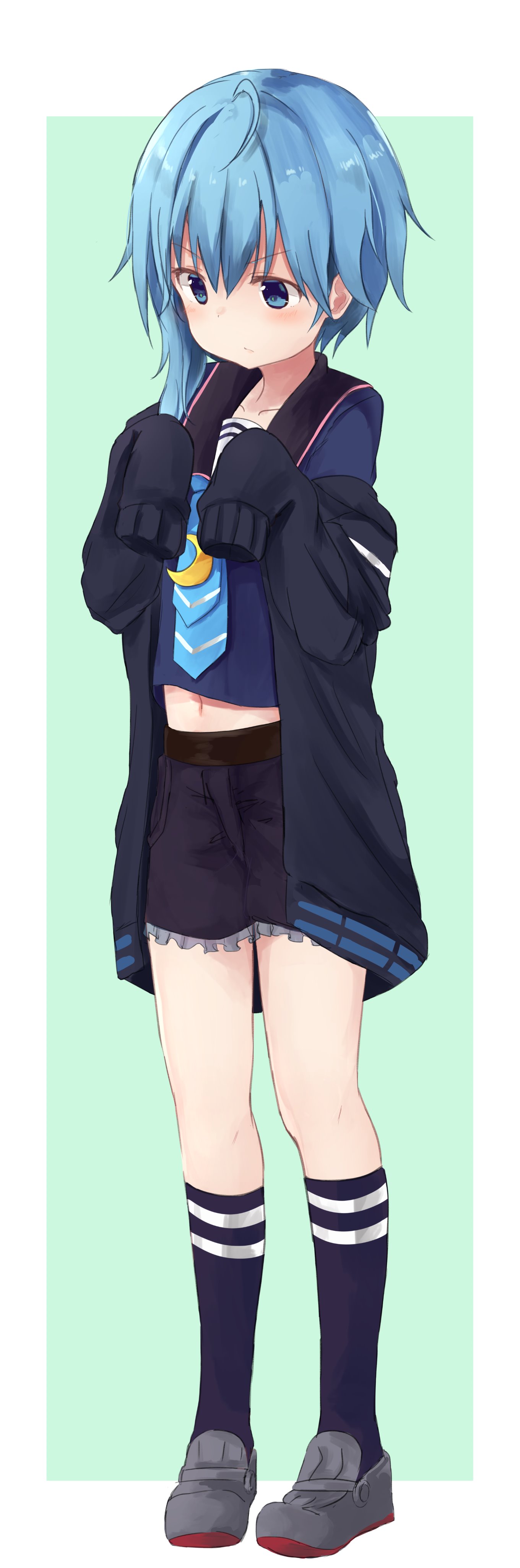 1girl, absurdres, ahoge, asymmetrical_hair, blouse, blue_blouse, blue_eyes, blue_hair