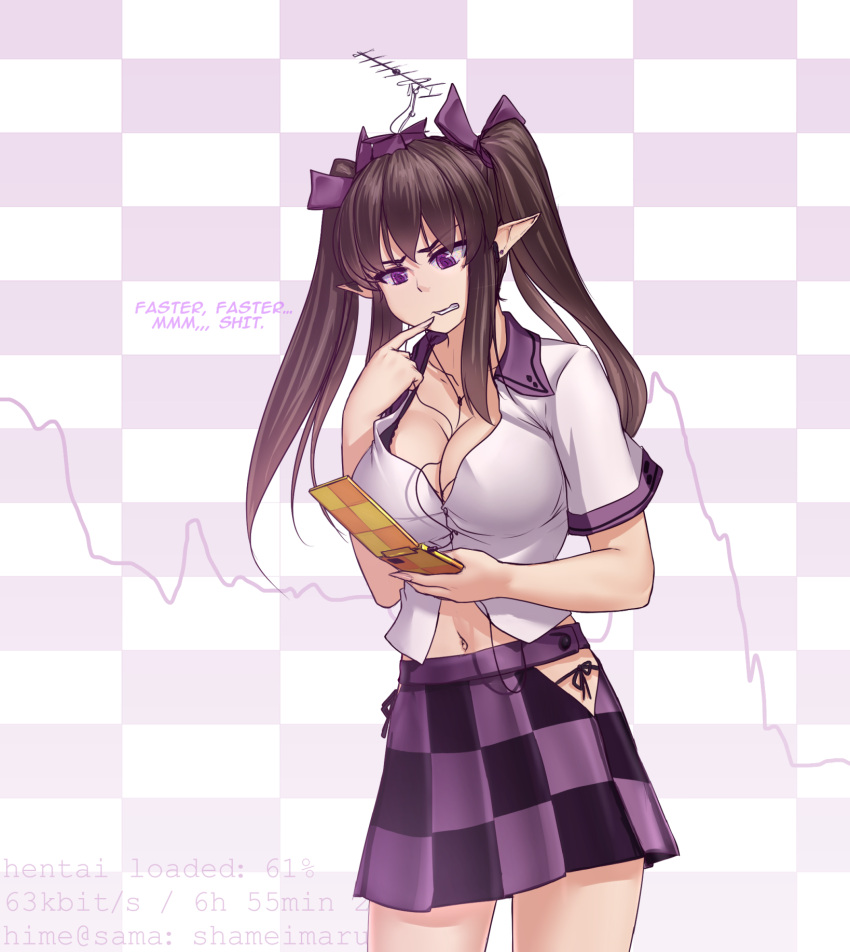 1girl, aerial, antenna_hair, black_bra, black_panties, bra, breasts, brown_hair, cellphone, checkered, checkered_background, checkered_skirt, cleavage, earphones, earphones, earrings, english, hair_ribbon, hat, hater_(hatater), highres, himekaidou_hatate, hip_vent, jewelry, large_breasts, long_hair, miniskirt, navel, panties, phone, pointy_ears, purple_ribbon, ribbon, side-tie_panties, skirt, solo, tokin_hat, touhou, twintails, underwear, violet_eyes