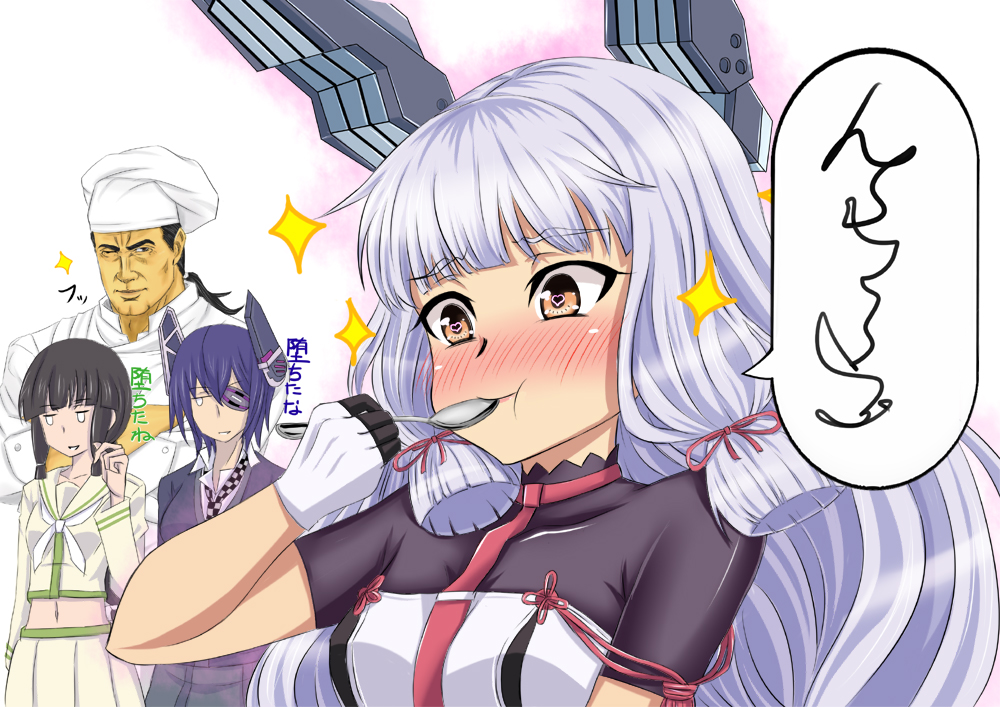 admiral_(kantai_collection), bangs, black_legwear, blunt_bangs, checkered, checkered_necktie, chef_hat, dress