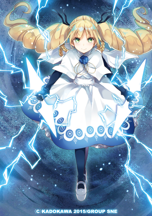 1girl, backlighting, bangs, black_gloves, black_legwear, blonde_hair, blue_ribbon, blue_rose
