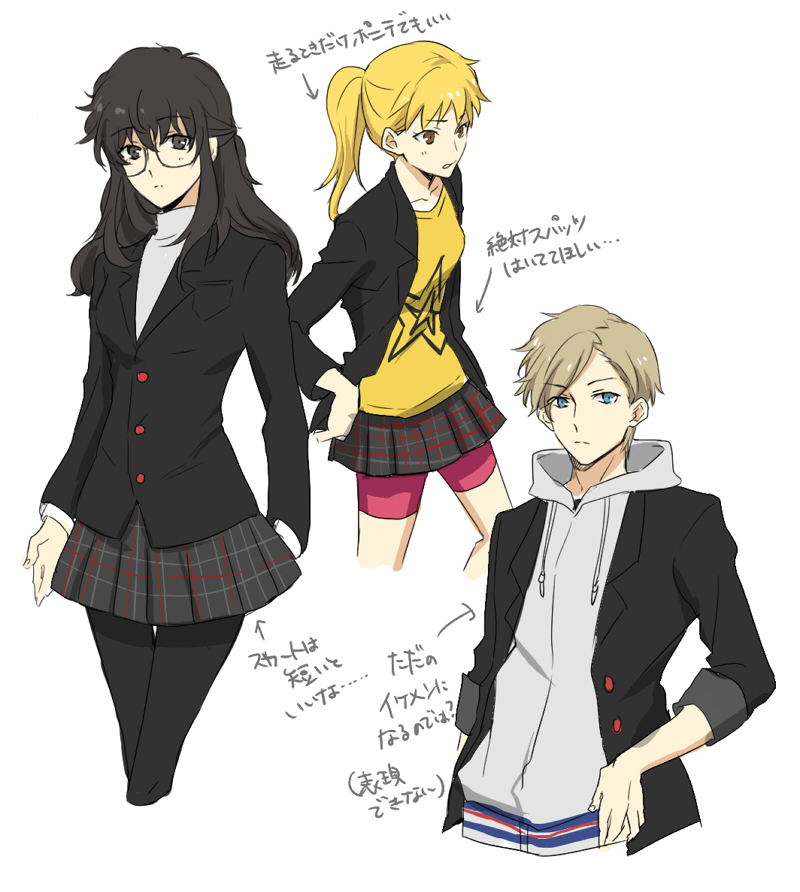1boy, 2girls, amamiya_ren, atlus, bike_shorts, black_hair, black_legwear, blazer