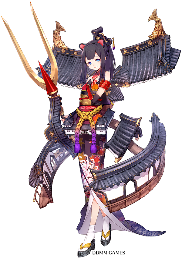 black_hair, copyright, elbow_gloves, fingerless_gloves, gloves, hair_ornament, hikone_(oshiro_project), japanese_clothes