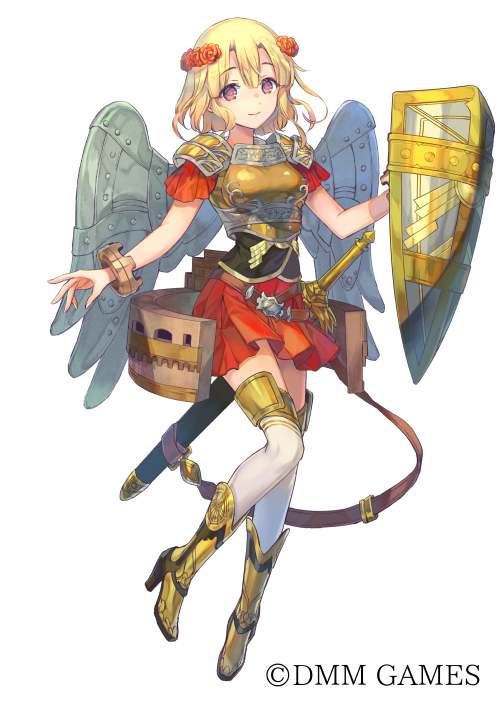 armor, azutarou, blonde_hair, castel_sant'angelo_(oshiro_project), copyright, flower, hair_flower, hair_ornament, official_art, oshiro_project, oshiro_project_re, shield, skirt, sword, weapon, white_background, wings