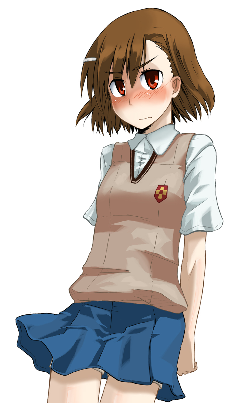 brown_hair, highres, magokorokurage, misaka_mikoto, red_eyes, school_uniform, simple_background, to_aru_majutsu_no_index