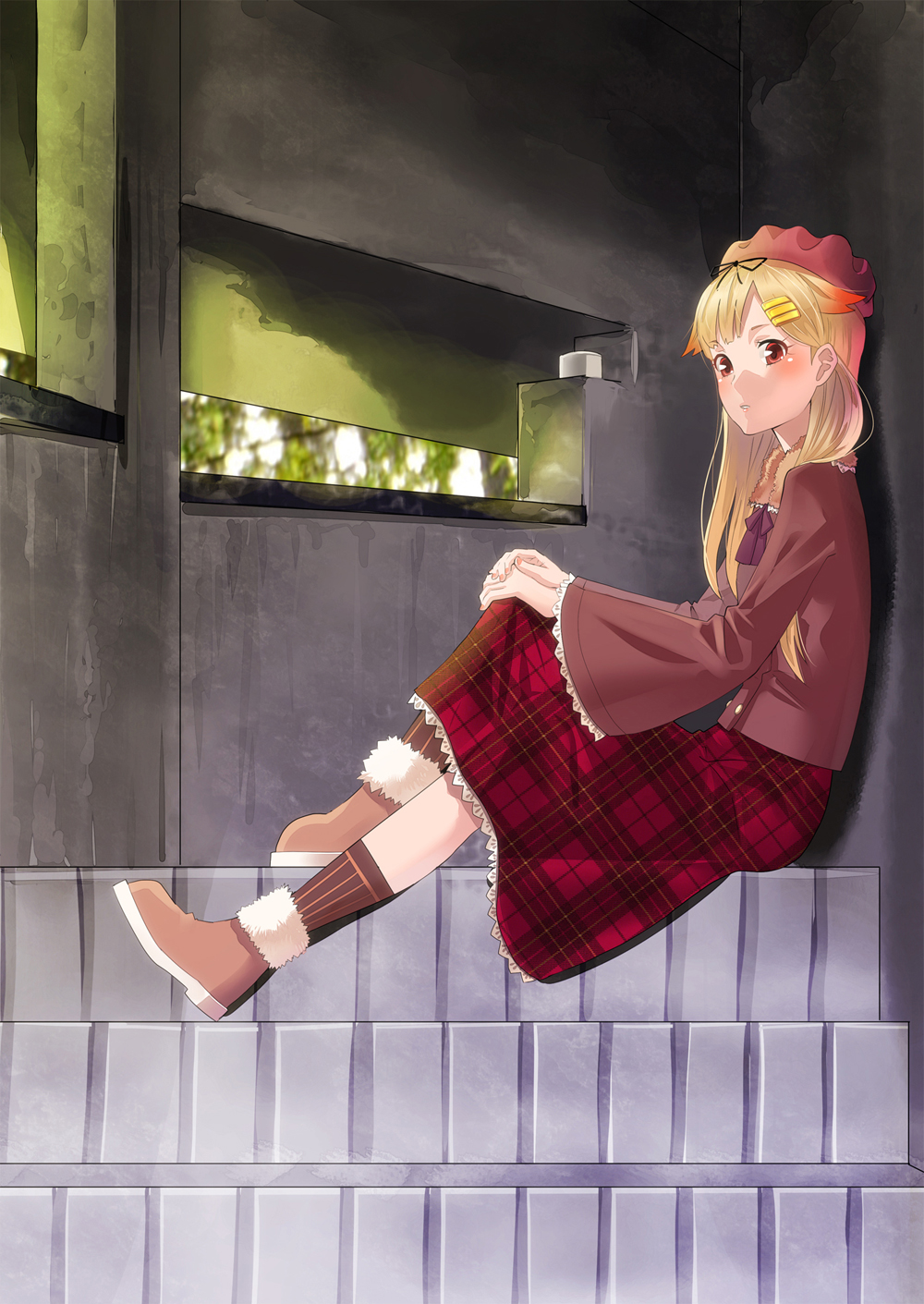 1girl, against_wall, alternate_costume, ankle_boots, bangs, beret, black_legwear, black_ribbon