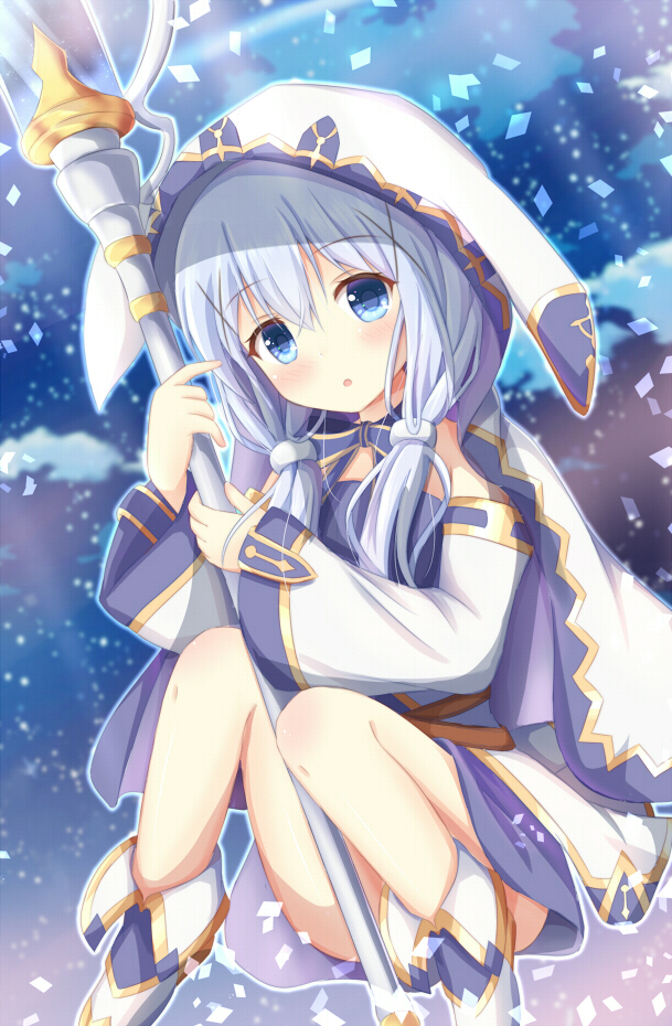 1girl, :o, animal_ears, animal_hood, bangs, belt, blue_choker, blue_dress