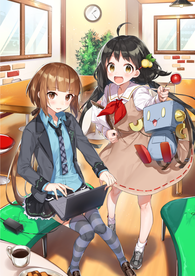 2girls, :d, ahoge, akino_teku, bangs, black_hair, black_skirt, blazer