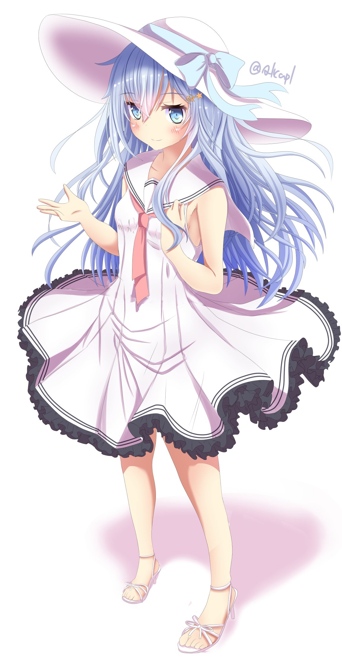 1girl, alternate_costume, aruka_(alka_p1), black_frills, blue_eyes, dress, full_body, hair_ornament