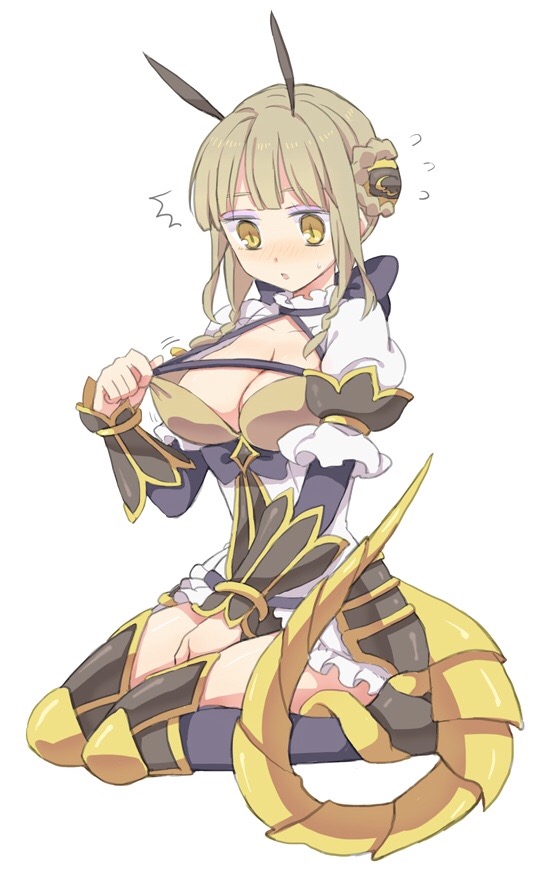 /\/\/\, 1girl, blush, breasts, brown_hair, cleavage, eyeshadow, flying_sweatdrops